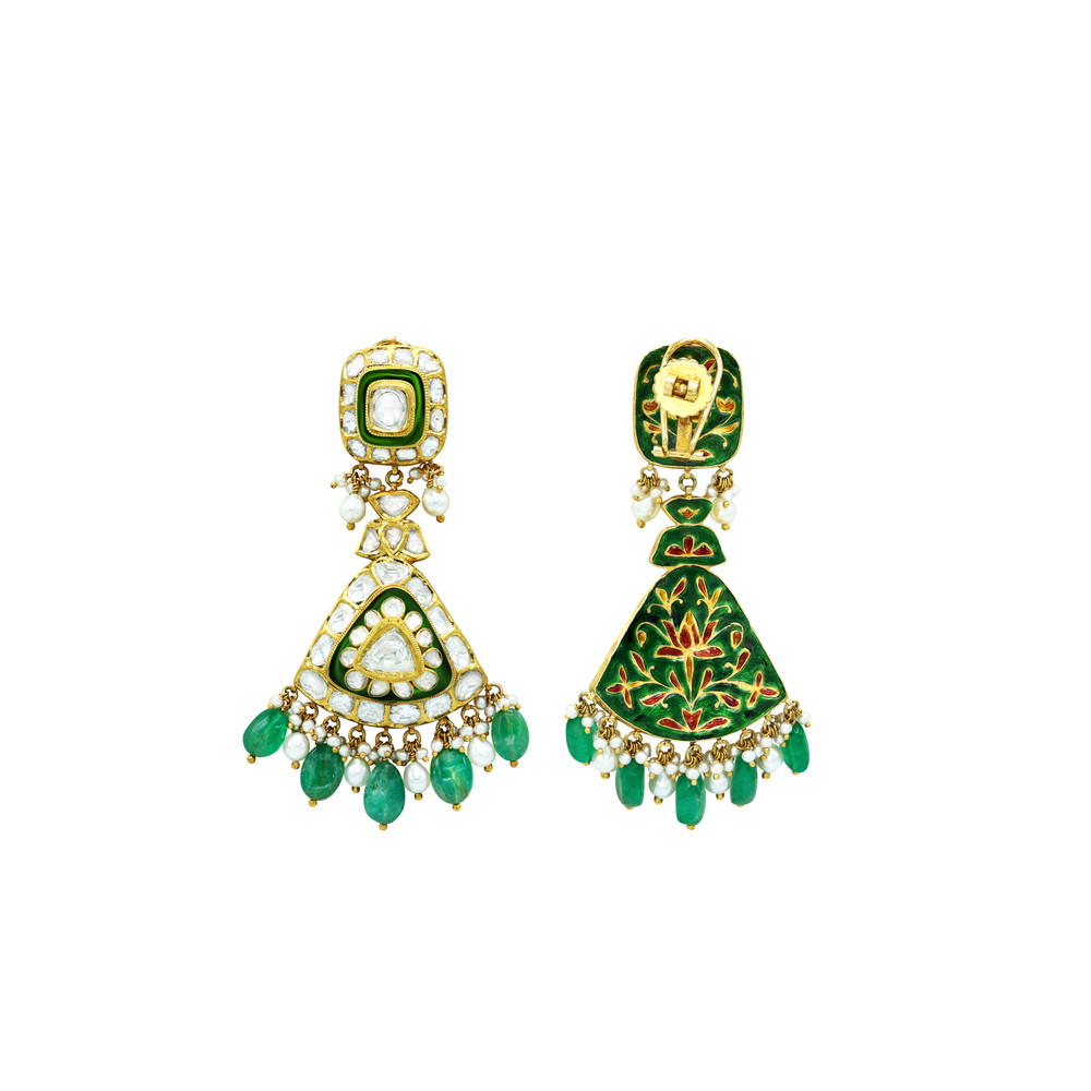 Polki Choker Set with Green Enamel and Emerald Drop Details